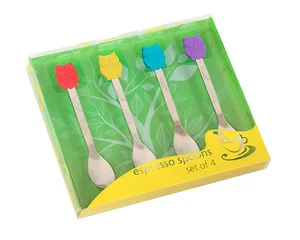 4er Pack Edelstahl Silikon Bunt Eule Espressolöffel Geschenkset Tee Kaffee - Bild 1 von 4