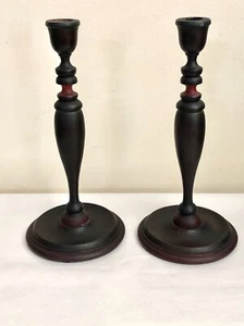 Antique Primative Style 11.5"  Walnut or Mahogany Wooden Candlesticks  Holders   - Picture 1 of 7