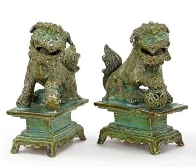 Dinastía Song (960-1279) - Budista Bronce-Verde-Esmaltado Cerámica Foo Dogs Foto 1 de 4