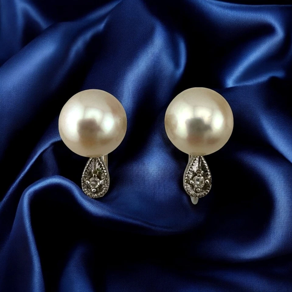 Vintage 14K White Gold Pearl & Diamond Screw Back Earrings 7.3mm 2.1g - Image 1 of 4