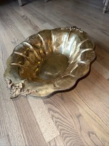 Vintage Hammered Brass Bowl Centerpiece 21"X 15" Handles Footed Scalloped - Picture 1 of 7