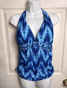 NUEVO CON ETIQUETAS SOMA Talla 14 Azul Marino Estampado Azul Real Acolchado Halter Tankini Top La Blanca - Imagen 1 de 8