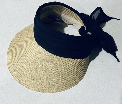 Sombrero Vince Camuto Mujer Talla Única Negro Chifón Corbata Lazo Paja Visera Playa Boho Foto 1 de 4