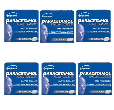 GALPHARM 6x Paracetmol Headache, Migraine Pain Relief 500mg 6x16 Caplets BRAND MAY VARY