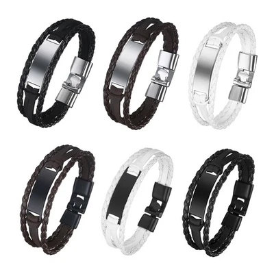 Brazalete pulsera brazalete con hebilla de aleación de cuero multicapa para hombre grabado sin Foto 1 de 3
