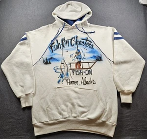 VINTAGE 80s Fishing Charter Double-sided Graphic Hoodie Outdoors Fishing Size XL - Picture 1 of 8