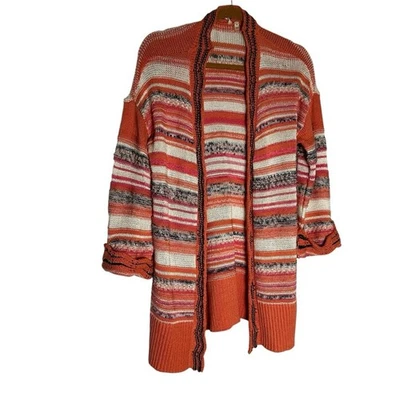 Soft Surroundings 条纹橙色粉红色珊瑚白色开口前开衫毛衣 XS — 第 1/4 张图片