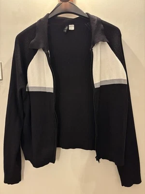 H&M Black Ribbed Zip-Up Cardigan with White Block Detail - Size XL - Image 1 of 4