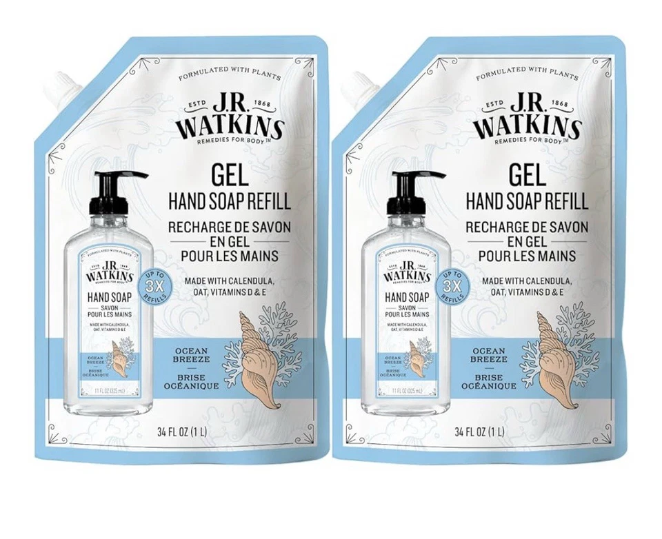 Pacote com 2 BOLSAS REFIL DE SABONETE PARA AS MÃOS J.R. WATKINS OCEAN BREEZE 34 oz/1 litro - Imagem 1 de 1
