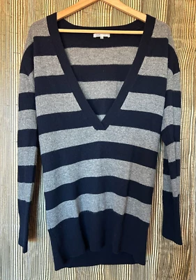 Vince Cashmere Sweater Preppy Navy Blue Gray Wide Stripes Deep V 90s Y2K Sz M - Image 1 of 4