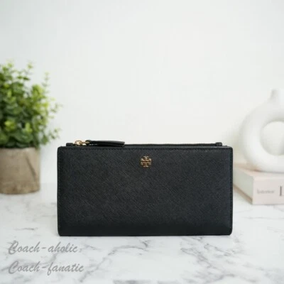 NWT Tory Burch 159229 Emerson Slim Envelope Black Saffiano Leather Wallet Clutch - Image 1 of 4