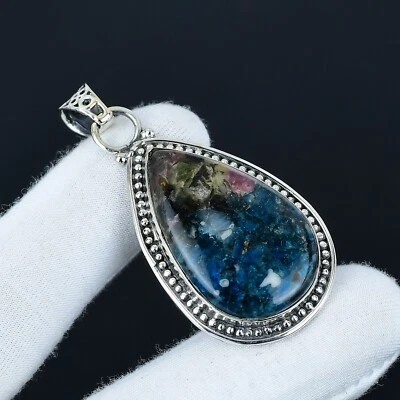 Naturale Rame Tormalina Gemma 925 Argento Sterling Artigianale Ciondolo Gioielli - Immagine 1 di 4