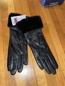 New Women's Fownes Black Genuine Leather Fleece Lined Gloves 7 Faux Fur Cuff Wow