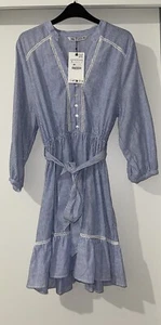VESTIDO ZARA AZUL BLANCO RAYAS MEZCLA LINO VOLANTES CINTURÓN CON RIBETES DE ENCAJE TALLA S - Imagen 1 de 15