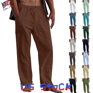 Men's Summer Beach Loose Cotton Linen Baggy Pants Elastic Waist Trousers Buttoms - Picture 1 of 31