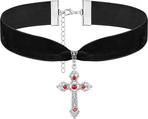 Silvery Cross Necklace with Red Rhinestone, Gothic Velvet Cross Choker Necklace, - Picture 1 of 7