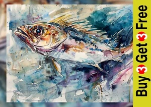 Energetic Blue Fish 5"x7" Print on Matte Paper | Expressive Marine Watercolor - Picture 1 of 17