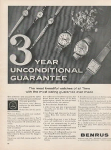 Benrus Uhren 1963 3 Jahre bedingungslose Garantie Vintage Printanzeige - Bild 1 von 1