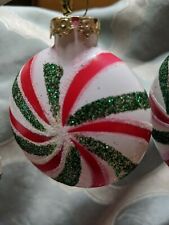Set 4 Blown Glass Christmas Ornament Green, Red & White Peppermint Striped Candy