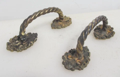 Antique Brass Door Handles Drawer Pulls Old Cupboard Trunk Victorian Twist 6"L Cover
