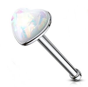 Nose Bone Ring Heart w/Glitter Opal White 3mm Head 20 Gauge 1/4" Steel Body Jewe