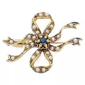 Antique 14K Yellow Gold Sapphire & Pearl Bow Ribbon Brooch Pin Pendant - Picture 1 of 5