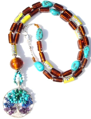 Long Bohemian African Trade Bead Necklace, Turquoise Gemstones, Handmade Tree - Image 1 of 4