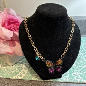 Betsey Johnson Multicolor Pavé Butterfly Pendant Necklace Rhinestone New - Picture 1 of 11