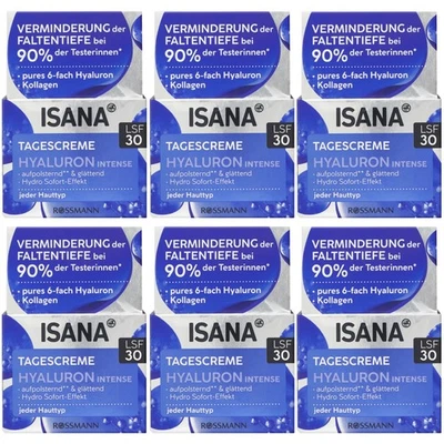 6 x 50ml | ISANA Hyaluron Intense Day Cream SPF30 Hydro Instant Effect Collagen - Image 1 of 3
