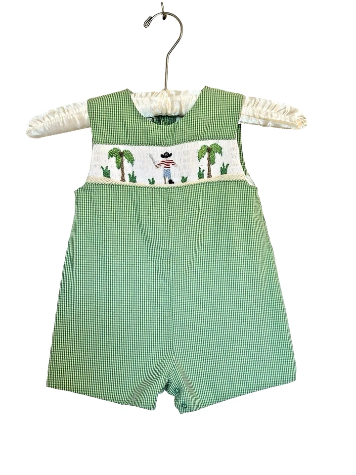 Smocked Romper Green Mini Check Embroidered Pirate Palm Trees Toddler Boy 18M - Image 1 of 4