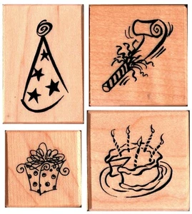 PSX ~ GEBURTSTAGSSET ~ Holz montierte Gummistempel Partymütze Geschenke Kuchen - Bild 1 von 1