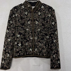 VTG Adrianna Papell Evening Silk Beaded Embroidered Jacket 16 Black Silver Gold - Picture 1 of 15