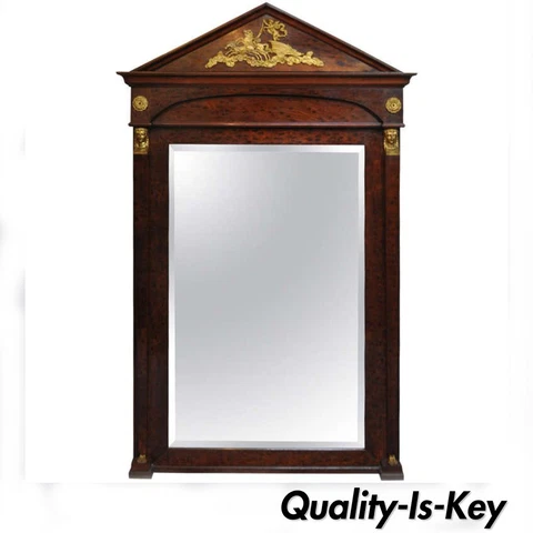 Large French Empire Regency Style Bronze Ormolu Burl Wood Pier Mirror Figural Cover