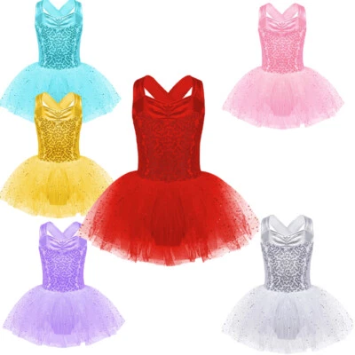 UK Girl Shiny Sequin Cross Straps Back Leotards Ballet with Tutu Dress Ballerina - Image 1 of 4