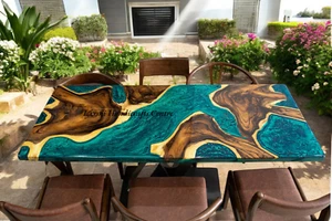 48"x24" Personalize Green Epoxy Resin Dining Tabletop Wooden Live Edge Furniture - Picture 1 of 13