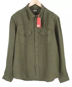 DIESEL S-East-Long-Lin Mens Shirt L Olive Green Linen Spread Neck RRP€175 - Picture 1 of 11