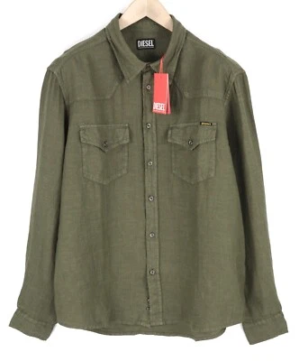 DIESEL S-East-Long-Lin MEN Shirt L Olive Green Linen Spread Neck RRP€175 - Image 1 of 4