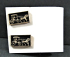 Vintage Horse & Carriage Goldtone Cuff Link Set On Shirt Cuff Shaped Disp Card