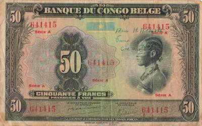 BELGIAN CONGO 50 Francs 1941-42, P-16a Serie A, S/N 641415, Scarce Original Note - Image 1 of 2
