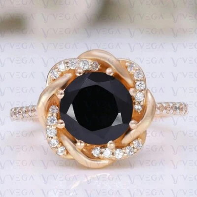 3.96ct Round Shape Black Natural Onyx Gemstones Diamond Ring Real 14K Rose Gold - Image 1 of 4