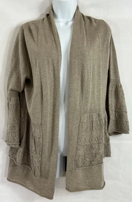 Heather B Size L Tan Open Front Knit Cardigan Contrasting Patterns Bell Sleeve - Image 1 of 4