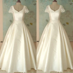 Victorian Satin Wedding Dresses Vintage 1960s Short Sleeves A Line Bridal Gowns - Picture 1 of 9
