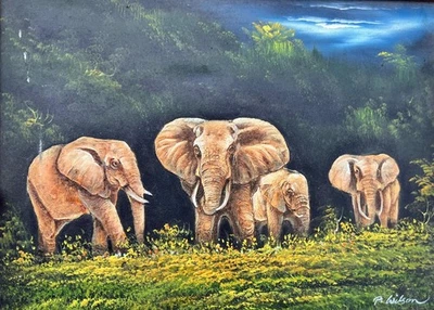 Vintage Art Oil Painting African Landscape Elephants Artist Signed by P Wilson Foto 1 de 4