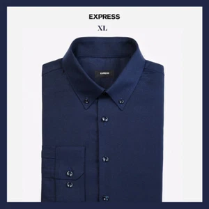 Neu mit Etikett - Express Herren marineblau schmal solide Stretch Pinpoint Oxford 1MX Anzughemd - XL - Bild 1 von 4