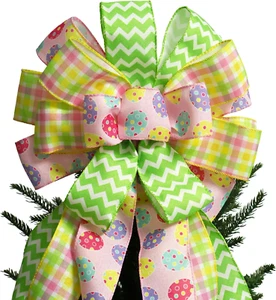 Large Easter Tree Topper Bow 52X13 Inch, Pre-Tied Wired Egg Ribbon Wreath Bows, - Picture 1 of 12