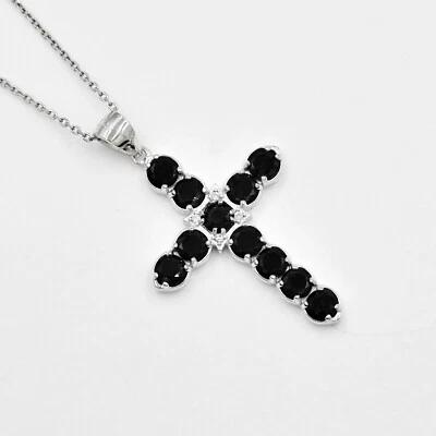 Colgante Cruz Santa Espinela Negra Natural Plata de Ley 925 Piedra de Nacimiento de Agosto Foto 1 de 4
