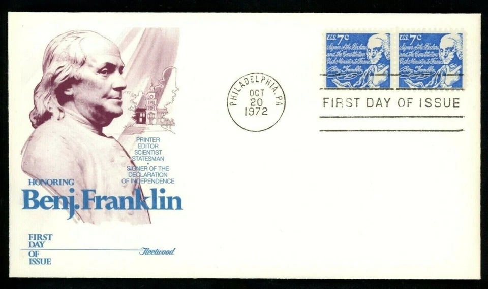BENJAMIN FRANKLIN PATRIOT SCIENTIST STATESMAN 1972 FLEETWOOD CACHET 1972 FDC UNA - Image 1 of 1