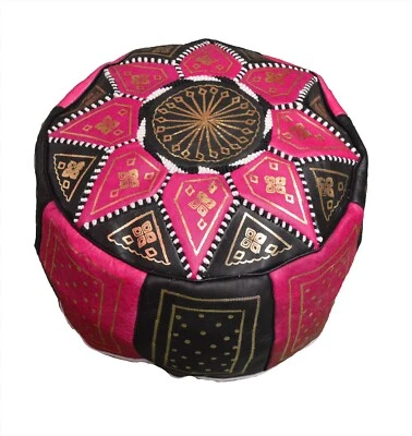 Pouf Moroccan Hassock Poof Handmade Leather Ottoman Footstool MED Black Magenta - Image 1 of 3