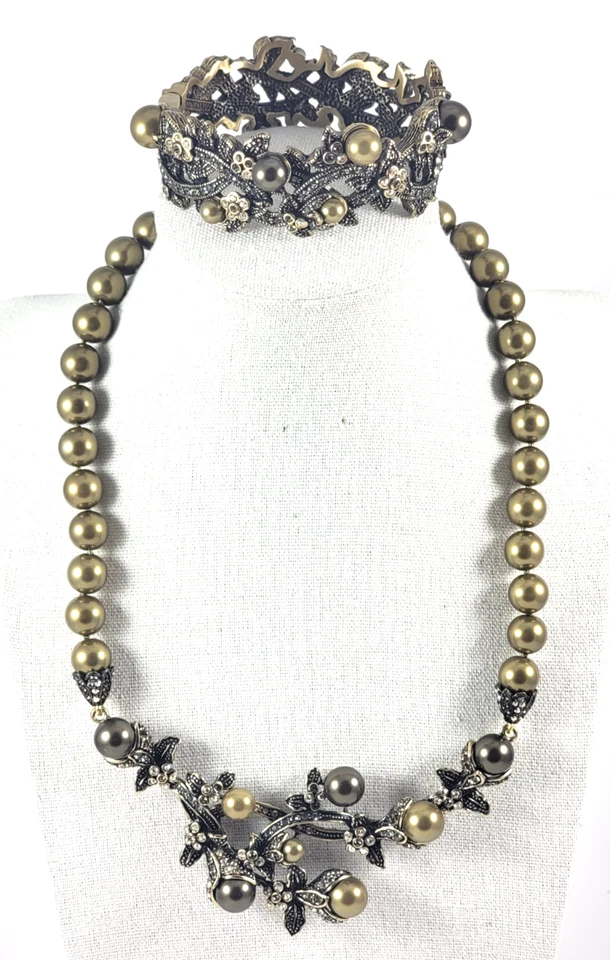 Raro Collar y Pulsera Heidi Daus Perla y Cristal Verde Oliva Gris Oscuro Foto 1 de 4