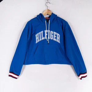 Tommy Hilfiger Hoodie Size Medium Blue Pullover Cropped Oversized Pocket Sport - Picture 1 of 8